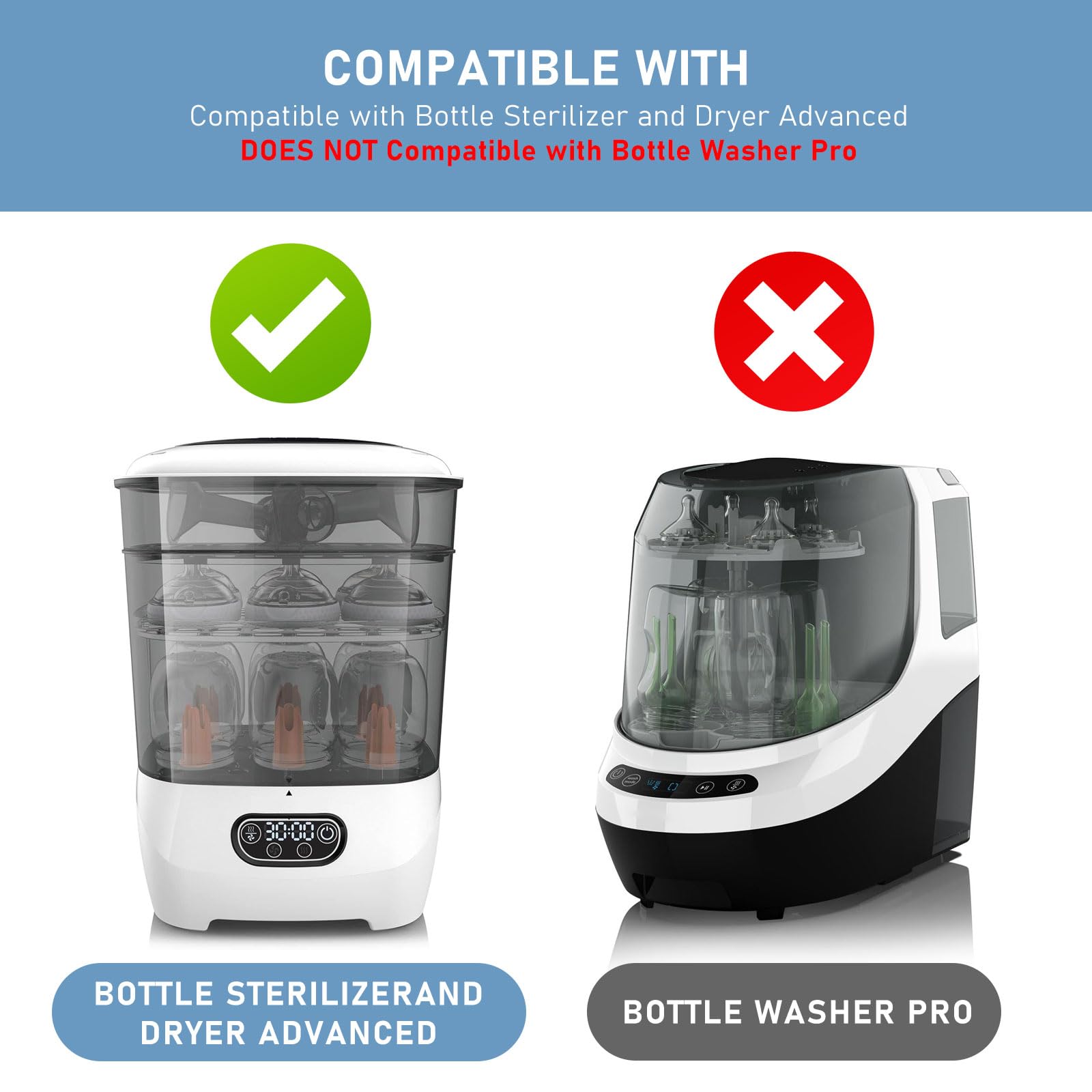 Mixzeny compatibility closeup shows reliable fit with Baby Brezza washers and dryers for safe operation.