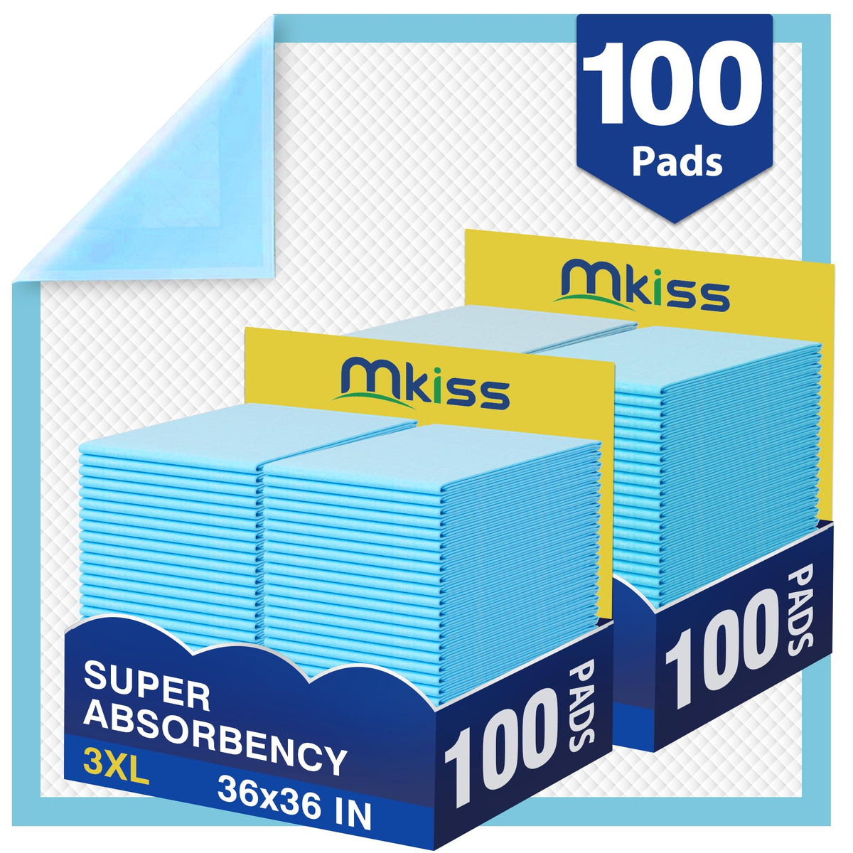 MKISS bed pads 36x36 pack shot showing full-bed protection against leaks