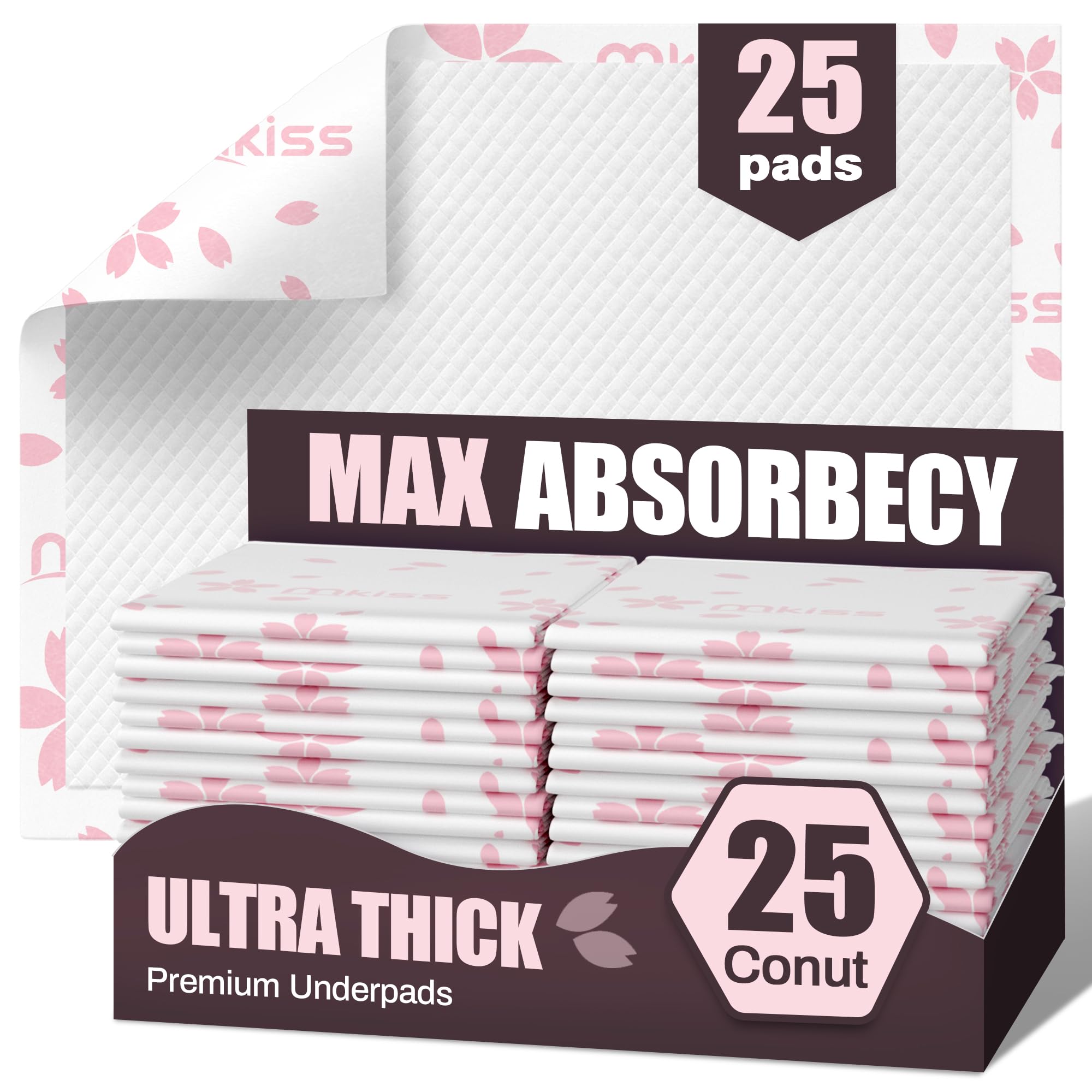 MKISS Heavy-Duty Underpads packaging shows a 25-count box with rugged protection.