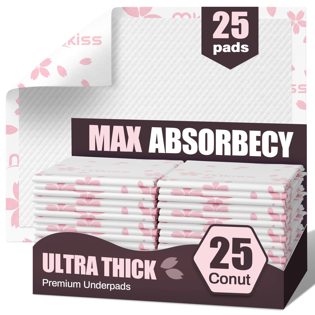 MKISS Heavy-Duty Underpads packaging shows a 25-count box with rugged protection.