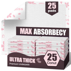 MKISS Heavy-Duty Underpads packaging shows a 25-count box with rugged protection.
