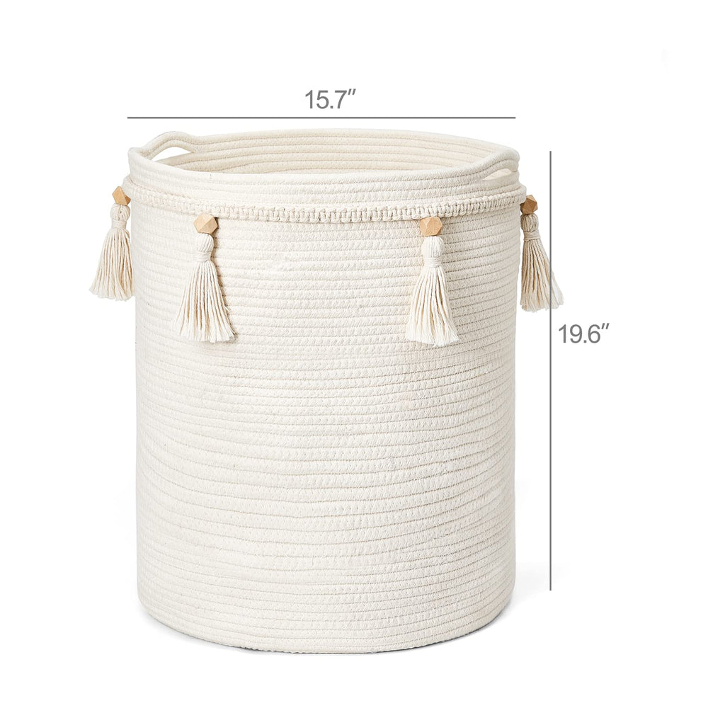 Mkono macrame basket on a bedside shelf holds cosmetics and accessories.