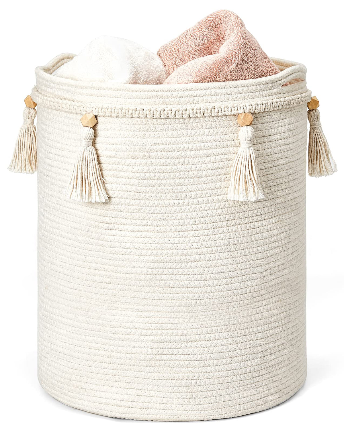 Mkono macrame basket with tassel in white cotton for stylish storage.