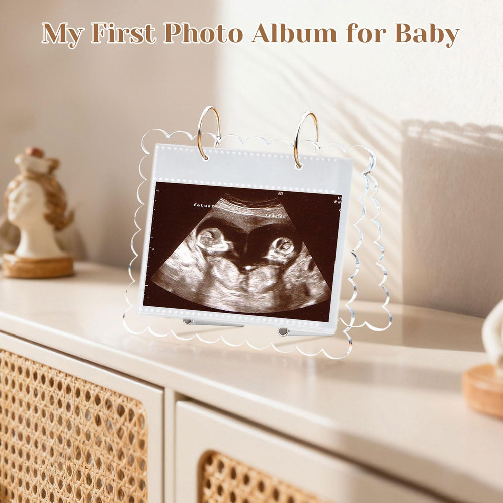 Mlatnod stand and desk display featuring the photo album for nursery decor.