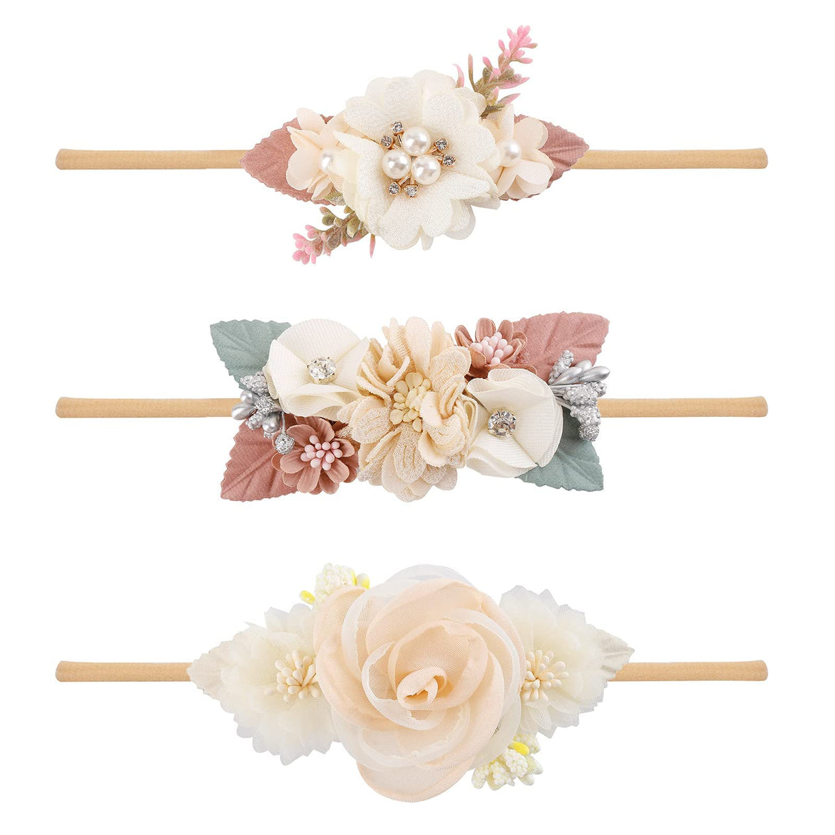mligril baby girl floral headbands in a 3-piece set for newborns to toddlers.