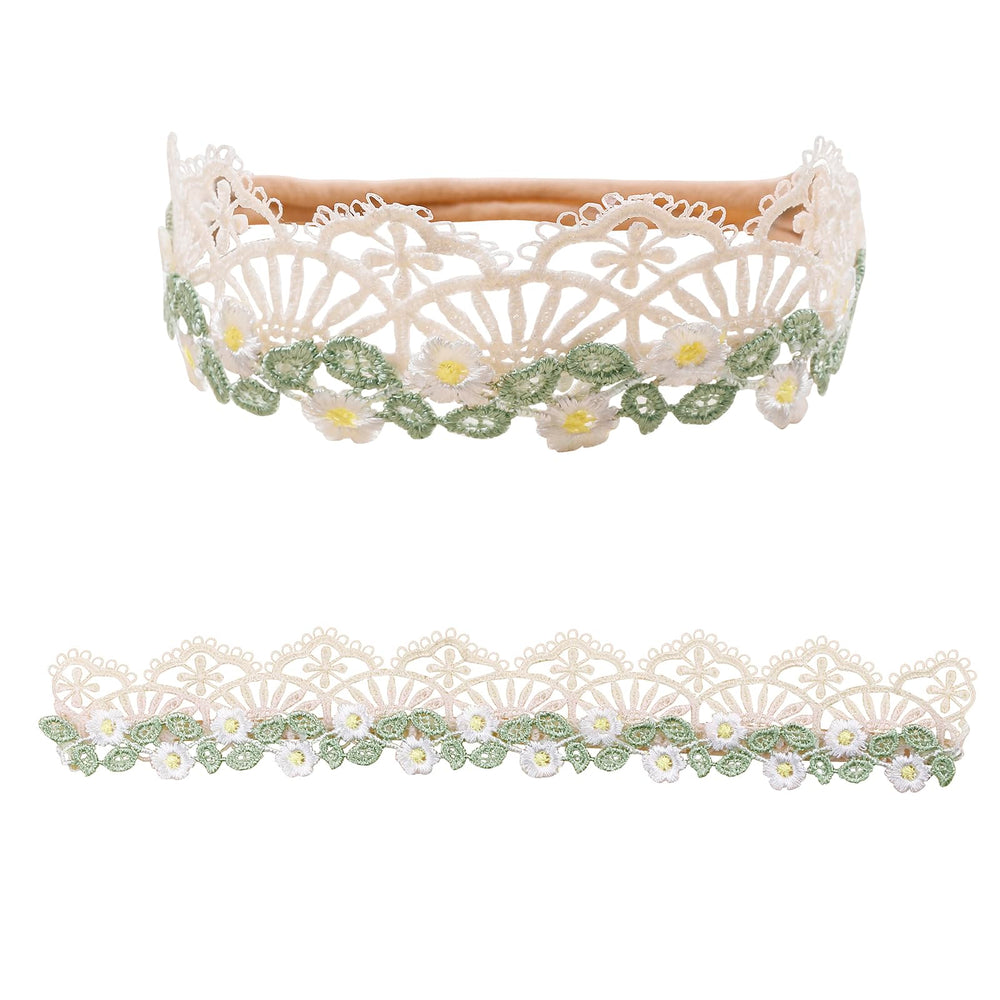 mligril baby headband with blue floral bow, adjusts for growth.