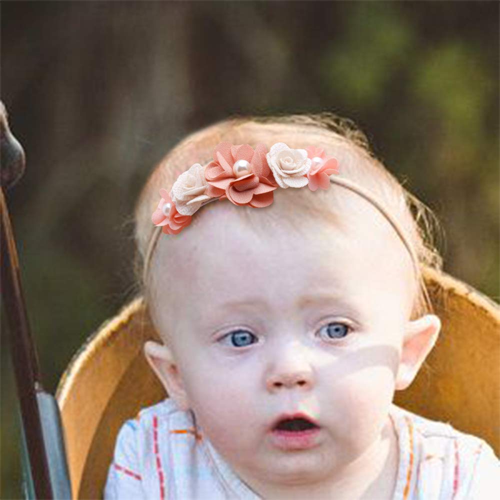 mligril baby headband floral bow close-up, showing stretchable elastic fit.