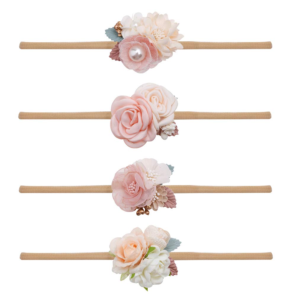 Mligril baby nylon headbands with floral bows in closeup, soft and stretchable for gentle wear.