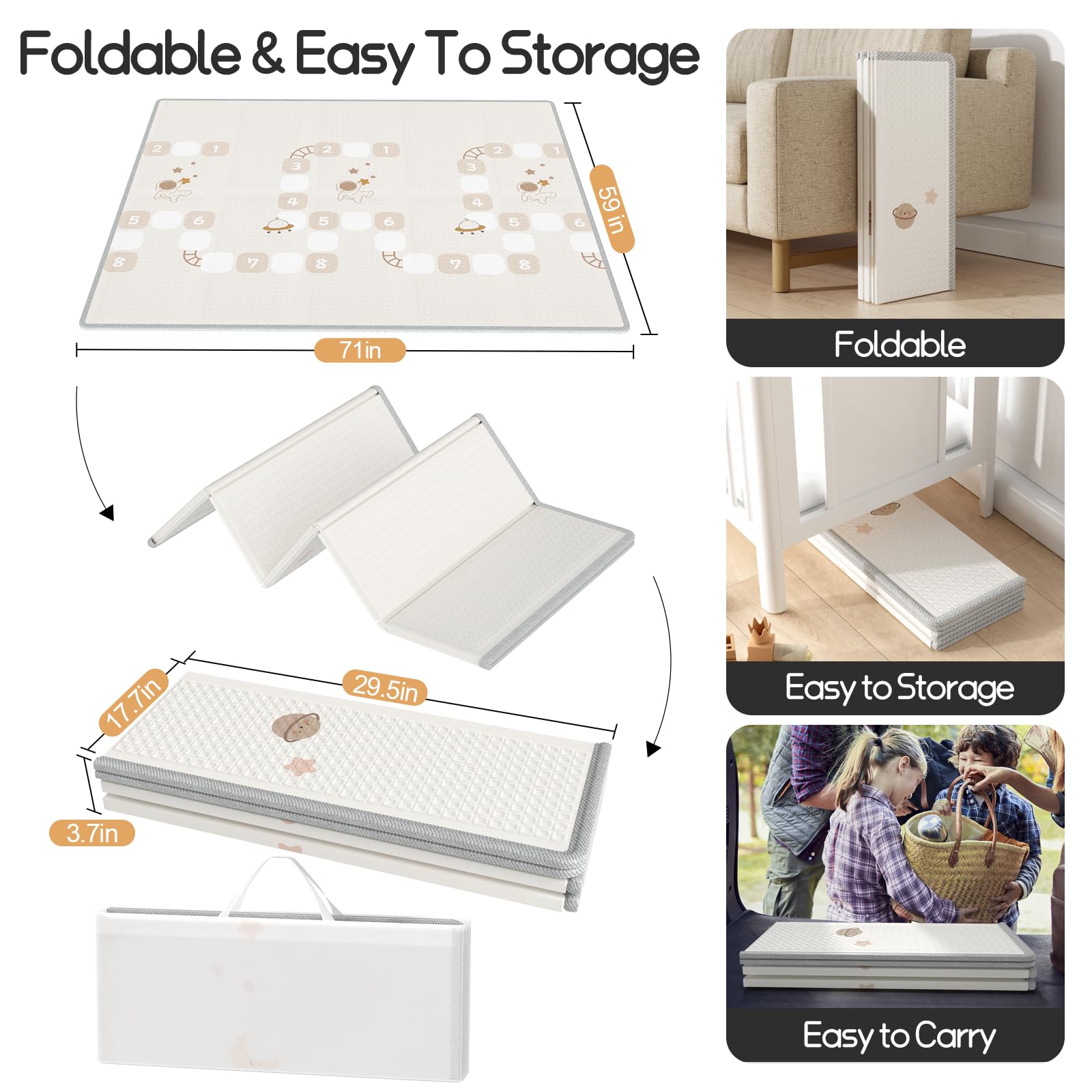 Mloong foldable playmat with storage bag enables easy travel and compact storage.