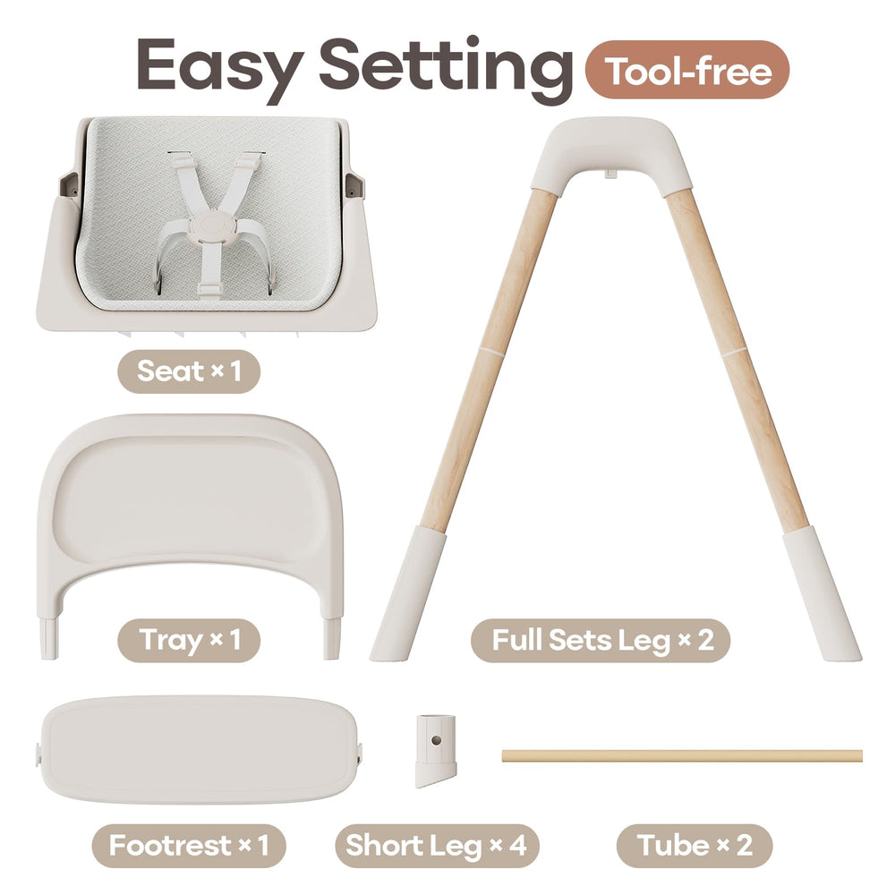 Mloong beige high chair with 3-height adjustment for table flexibility.