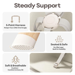Mloong beige high chair featuring a 5-point harness for secure feeding.