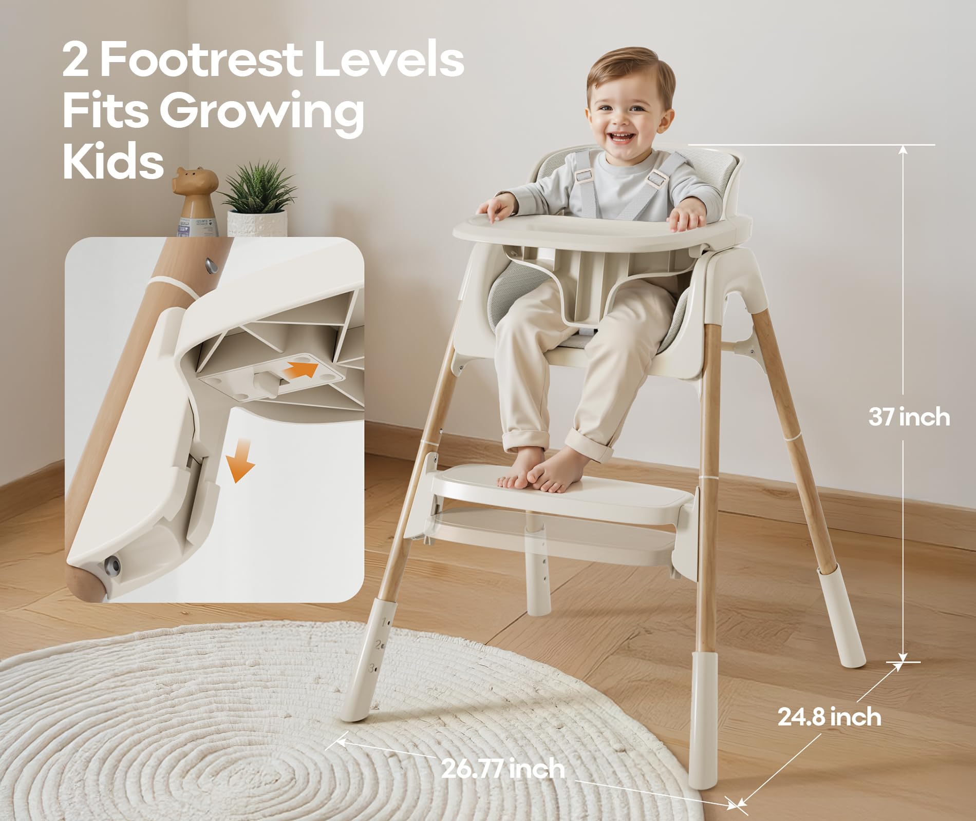 Mloong beige high chair with breathable cushioned seat for comfort.