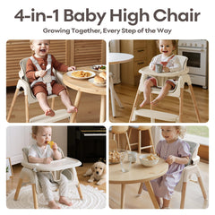 Mloong beige high chair with dishwasher tray for easy cleanup after meals.
