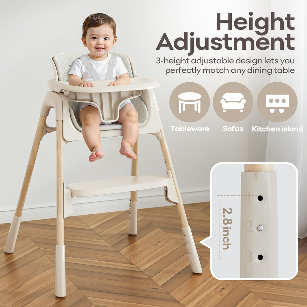 Mloong beige high chair with removable tray for quick mealtime setup.