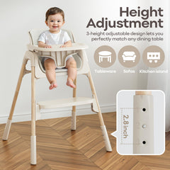 Mloong beige high chair with removable tray for quick mealtime setup.