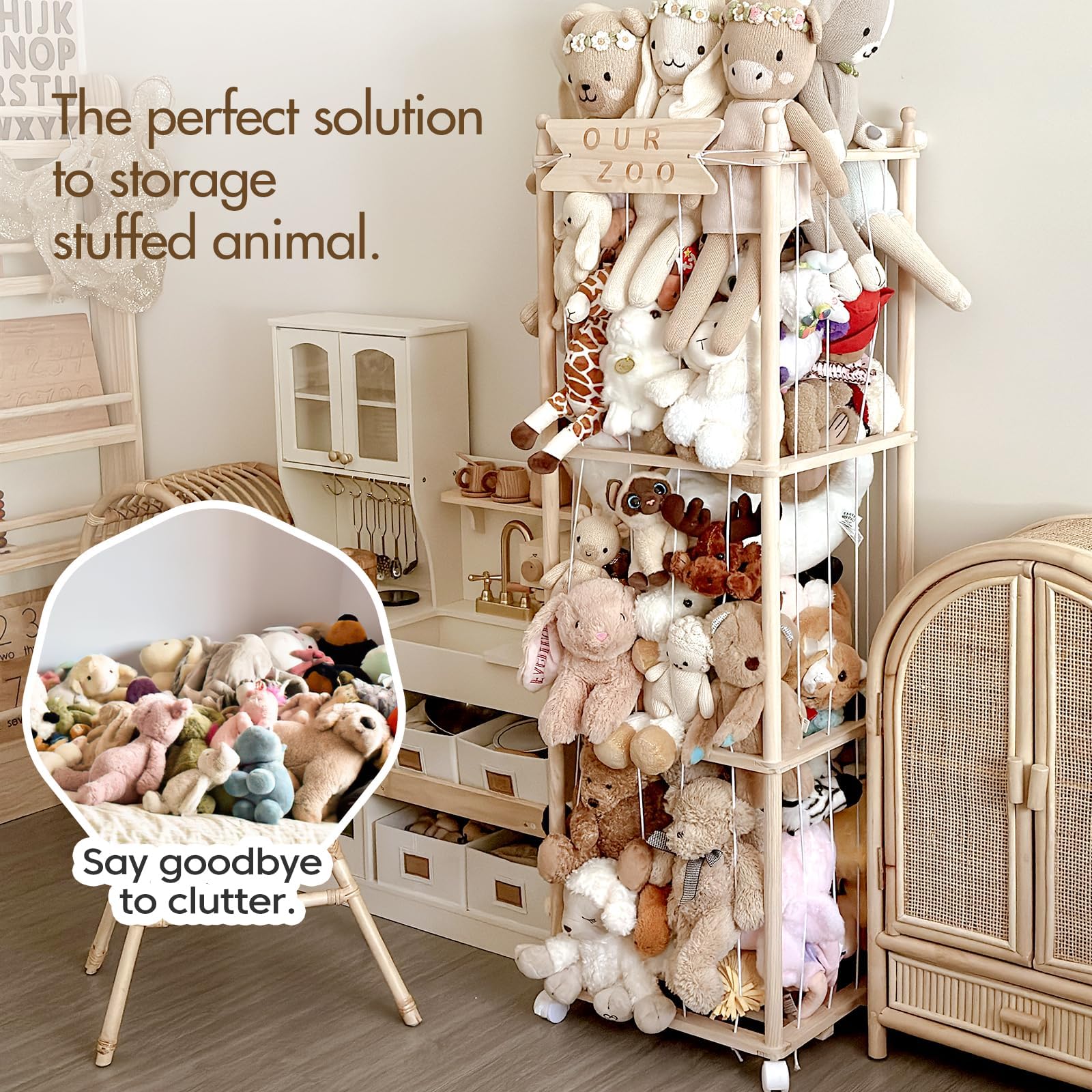 Mloong space-saving toy organizer in a nursery keeps plush toys off the floor.