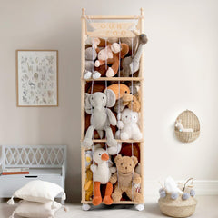 Mloong stuffed animal storage 54-inch tall, assembled, with neatly organized plush toys.