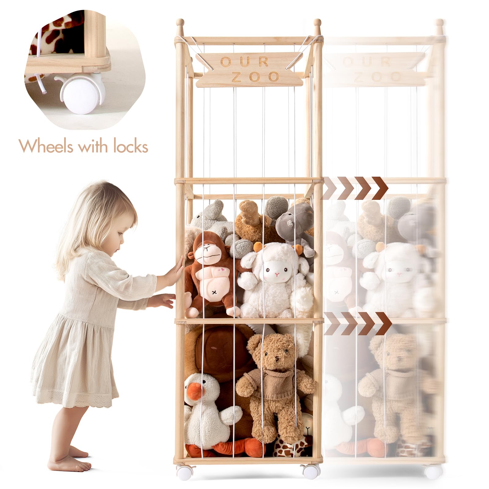 Mloong wooden stuffed-animal zoo cord closeup shows safe elastic cords and sturdy frame.