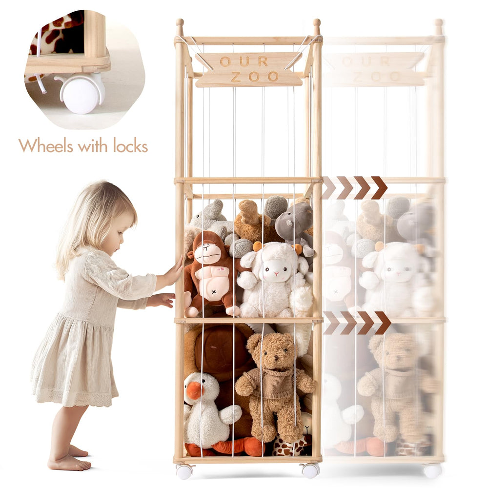 Mloong wooden stuffed-animal zoo cord closeup shows safe elastic cords and sturdy frame.