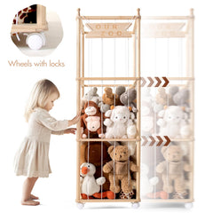 Mloong wooden stuffed-animal zoo cord closeup shows safe elastic cords and sturdy frame.