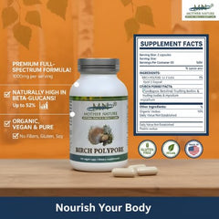 Mn Mother Nature Birch Polypore capsules closeup highlighting 1000mg dosage