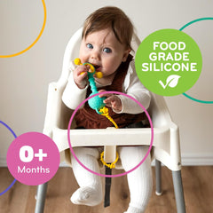 MÖBI Liinklz tether connects to a high chair to keep toys within reach
