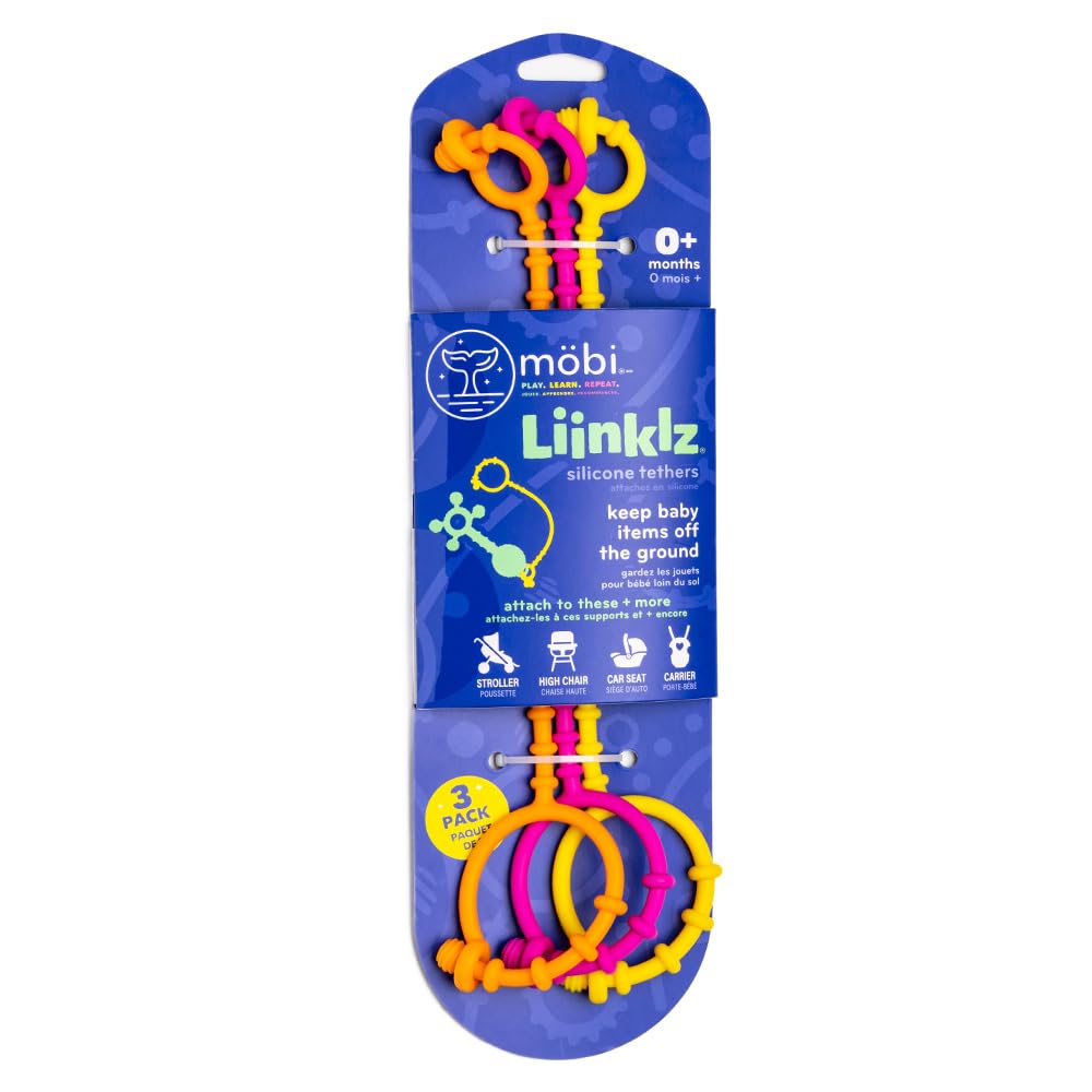 MÖBI Liinklz silicone tether attached to a stroller clip for secure toy attachment