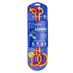 MÖBI Liinklz silicone tether attached to a stroller clip for secure toy attachment