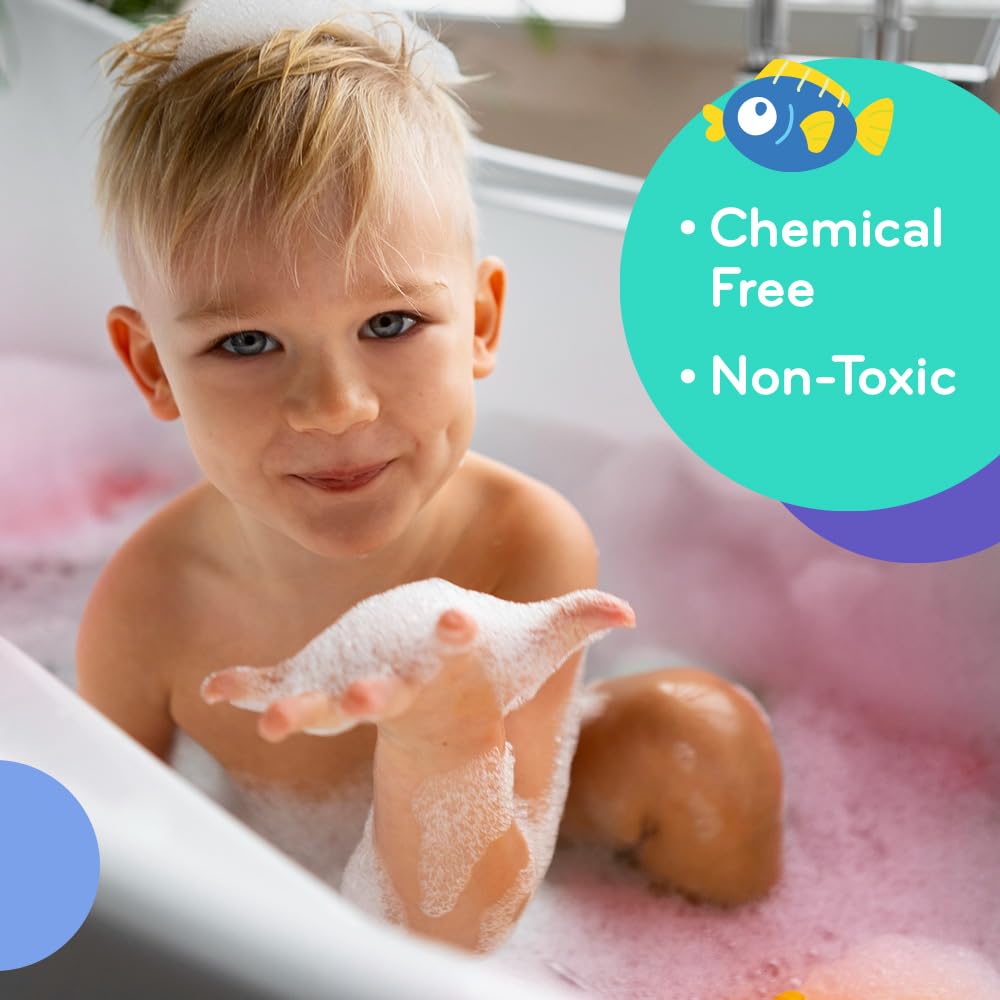 Bright pink bath water created by MÖBI bubble bath