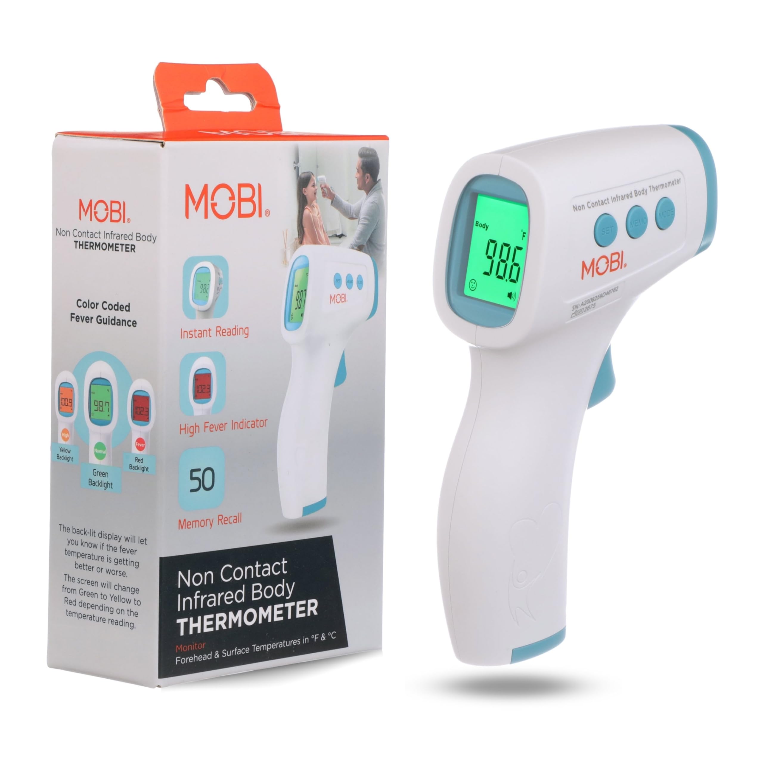 MOBI non-contact forehead thermometer in action for quick fever screening.