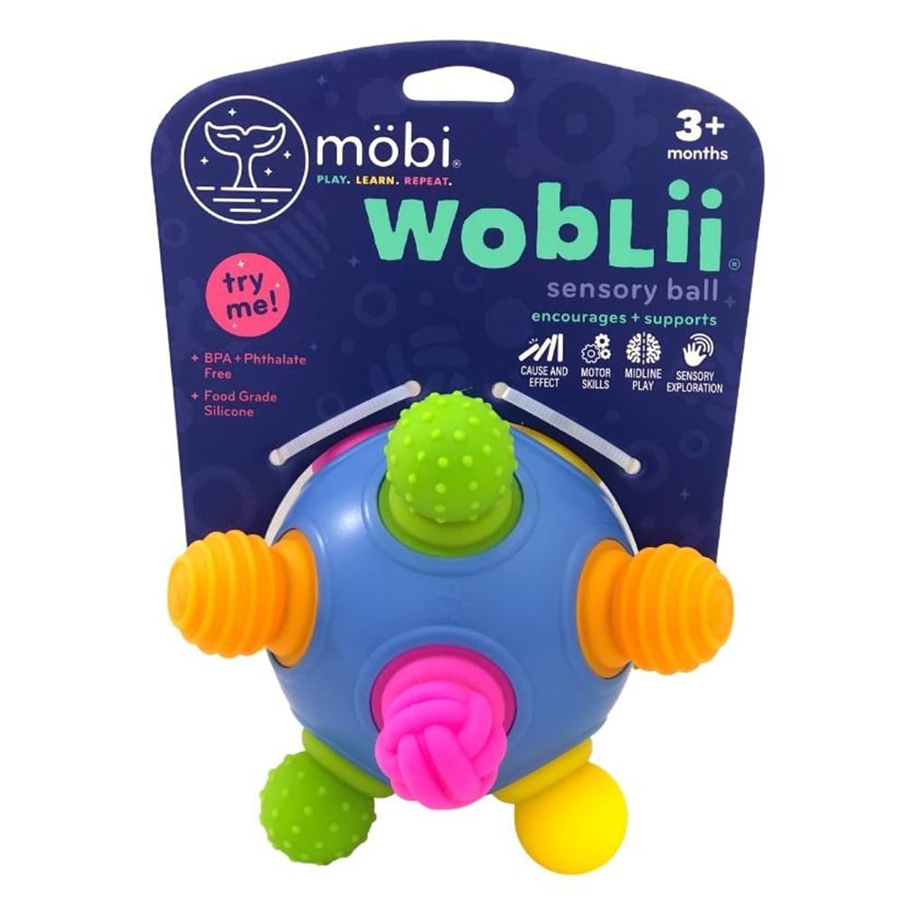 Mobi Woblii sensory ball closeup showing pop-in texture for motor skill play