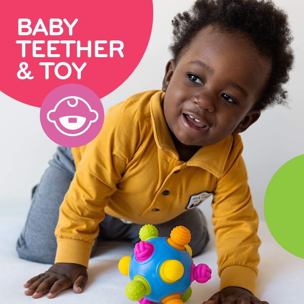 Mobi Woblii teething silicone ball held by toddler hands