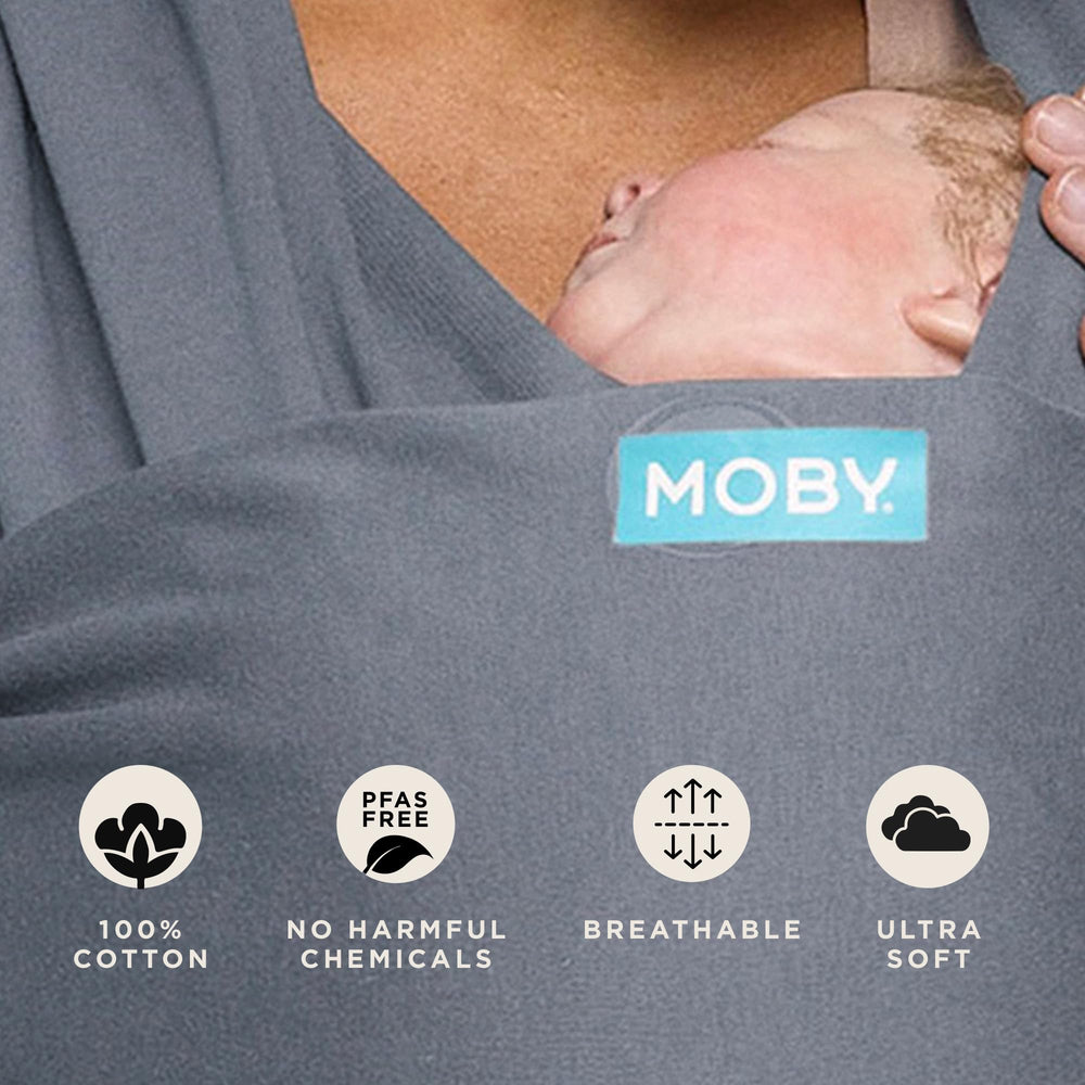 Moby Baby Wrap Classic Flint worn with baby snuggle and hands-free use.