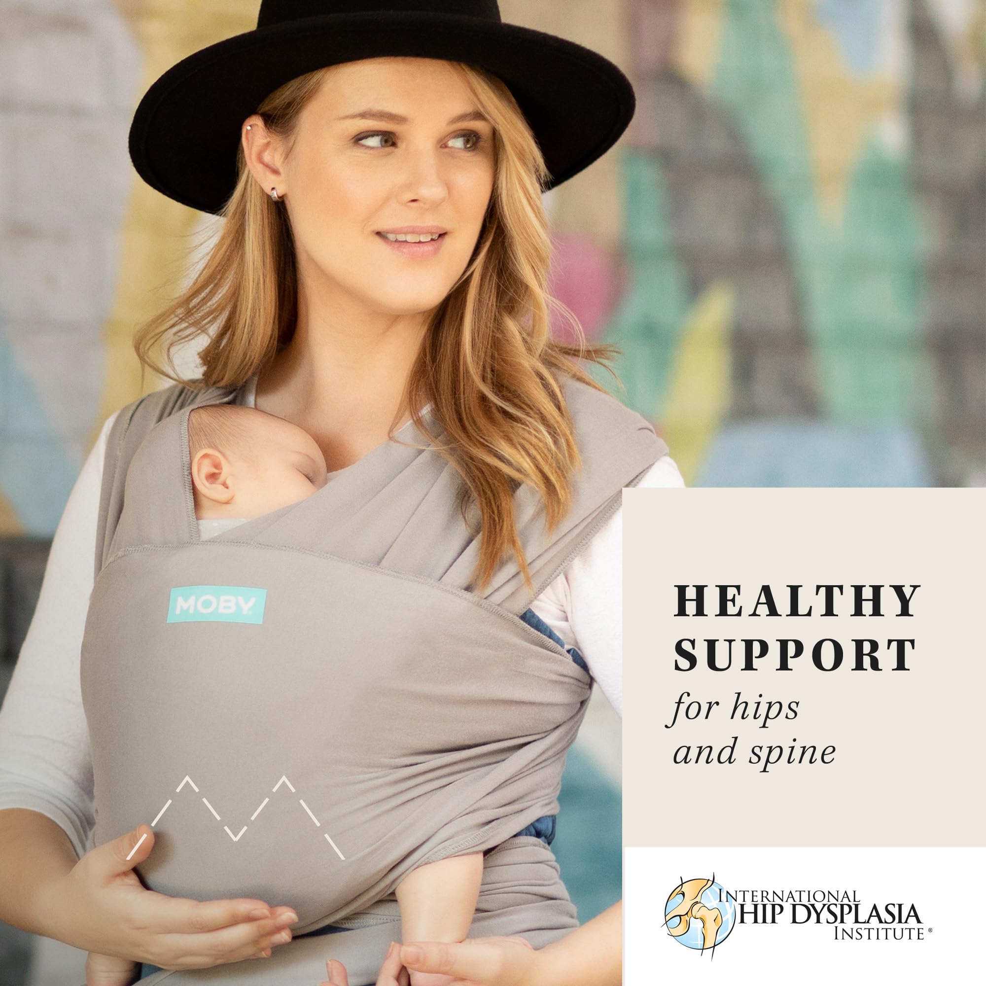 Moby Classic back-carry in stone grey distributing baby's weight evenly.