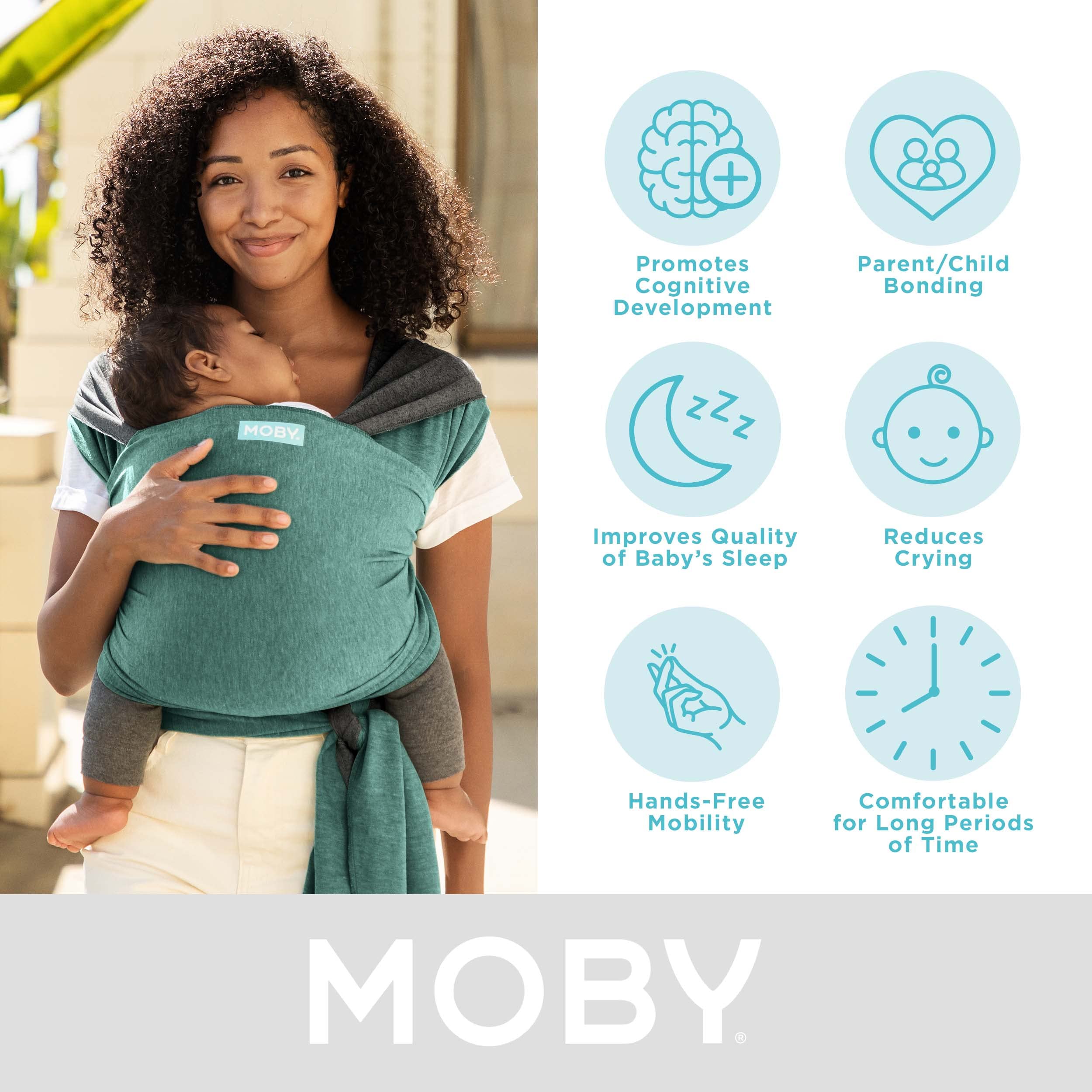Model wearing Moby Baby Wrap Reversible in Jade and Grey to show fit