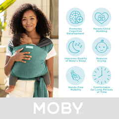 Model wearing Moby Baby Wrap Reversible in Jade and Grey to show fit
