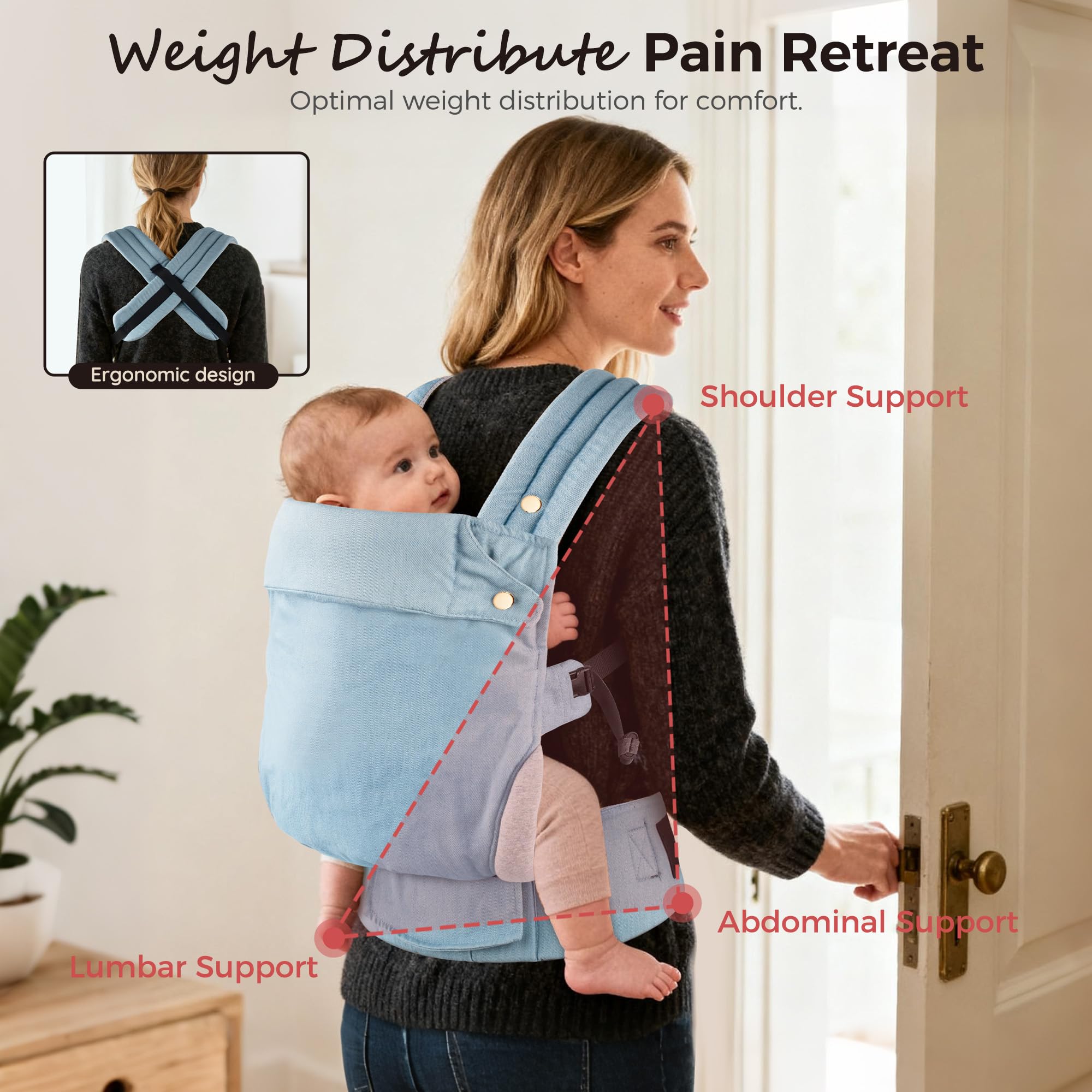 MOCKPOSE denim blue adjustable-leg-opening detail supports baby comfort.