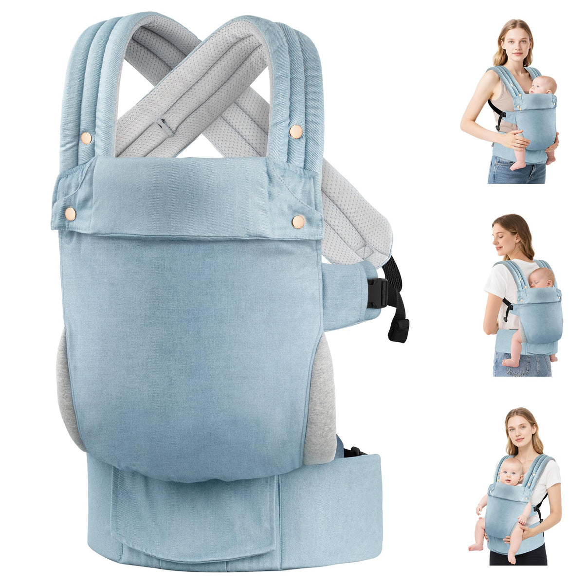 MOCKPOSE baby carrier denim blue front view supports hip and spine alignment.