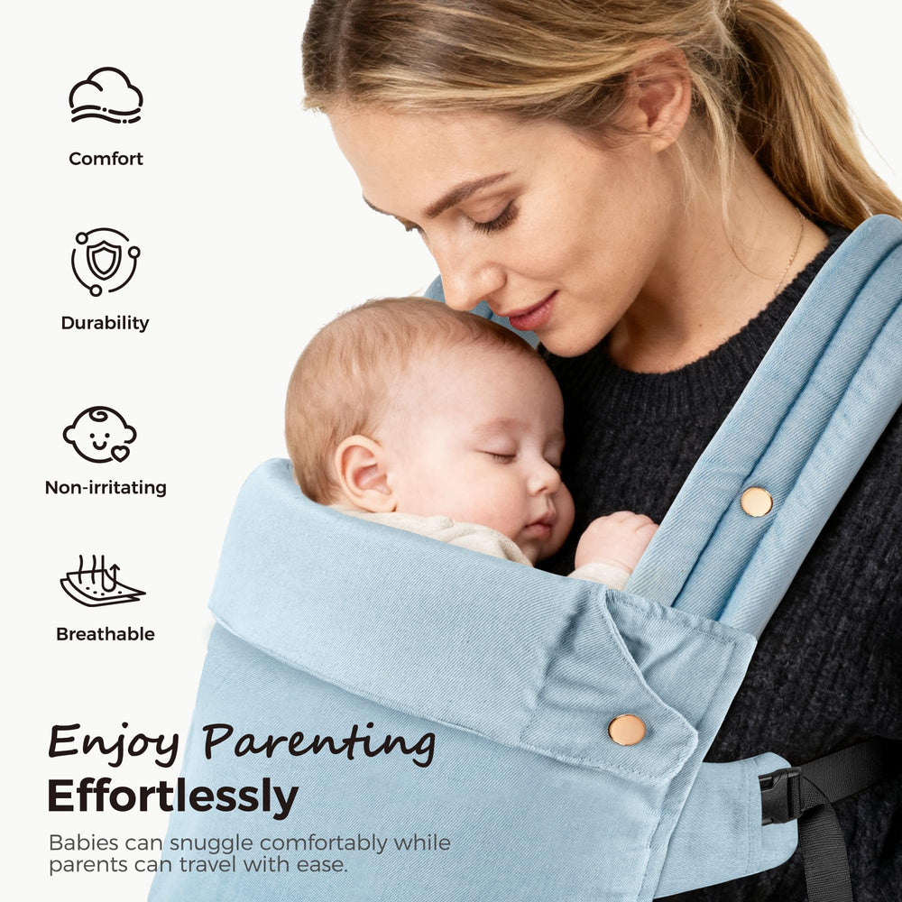 MOCKPOSE denim blue side-carry position demonstrates three-way versatility for growing babies.