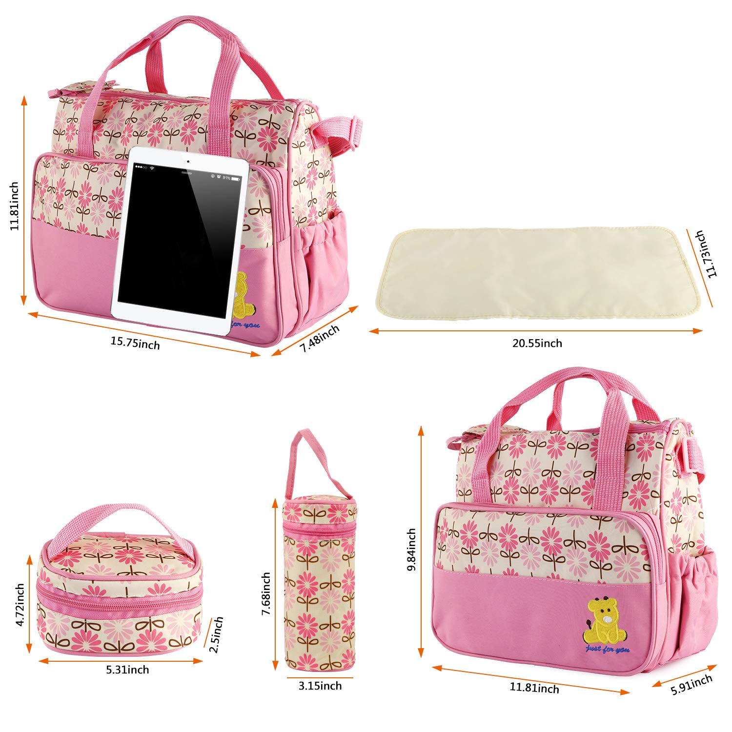 Moclever pink tote with side pockets for bottles and toys.