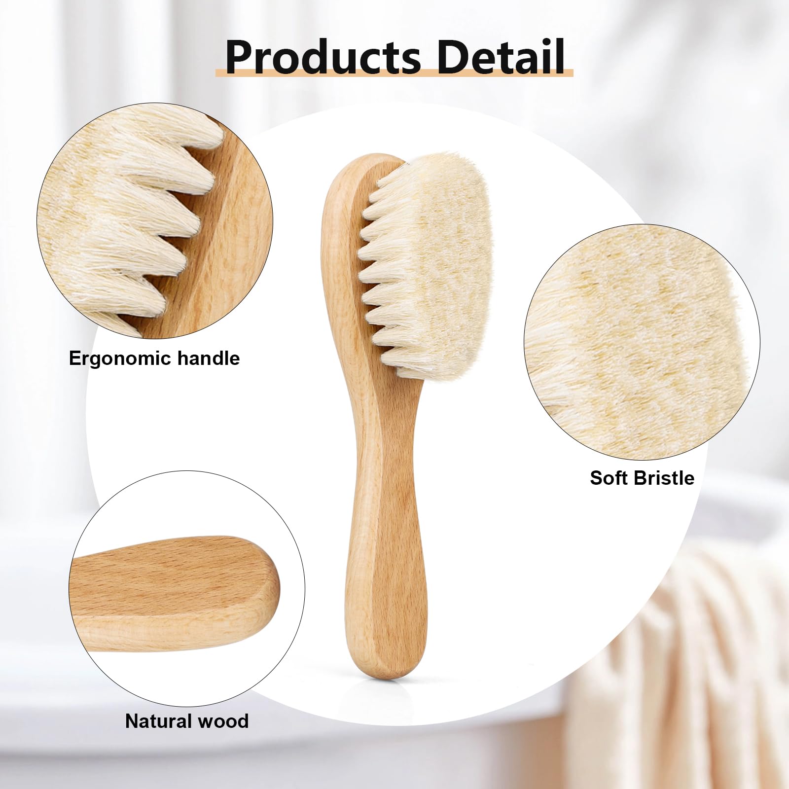 Close-up of Mocokkiti wooden baby hair brush showing natural beech wood