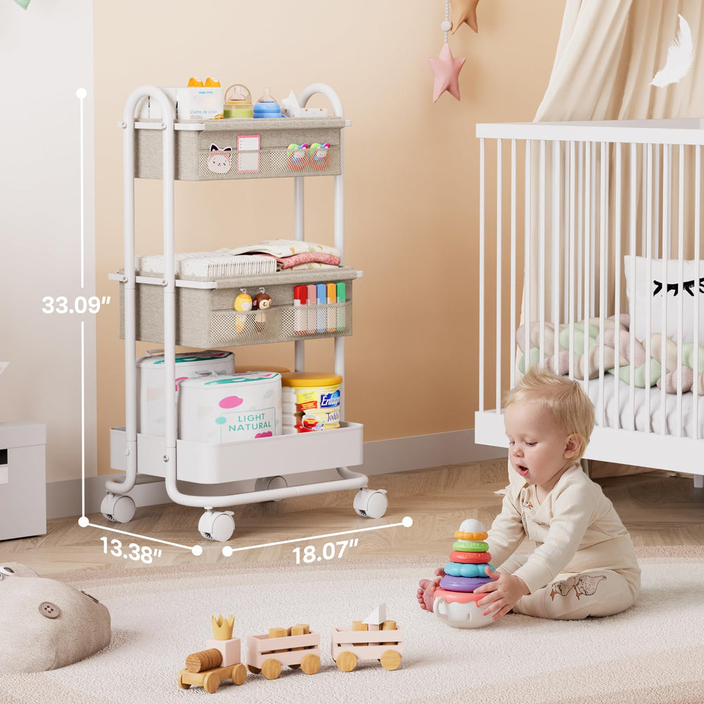 Modanais diaper caddy on wheels front view showing sturdy frame and dividers