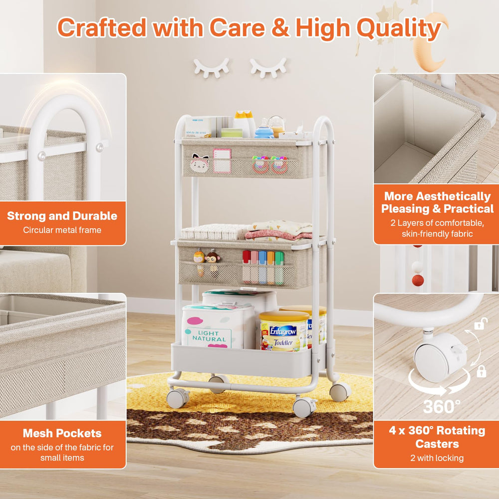 Modanais nursery organizer cart in use in crib area with ample storage