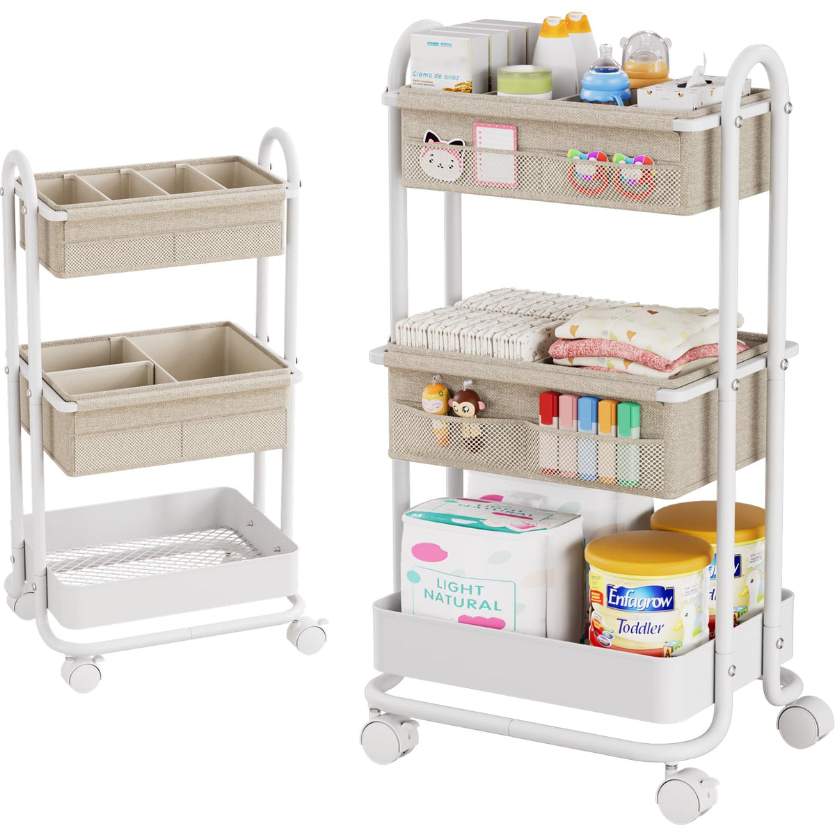 Modanais baby diaper caddy 3-tier rolling cart side view for easy night time organization