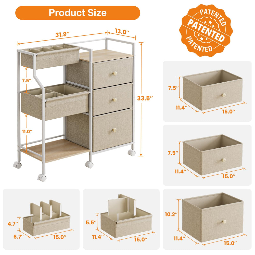 Modanais 3-tier cart with drawers and dividers showing organized storage.