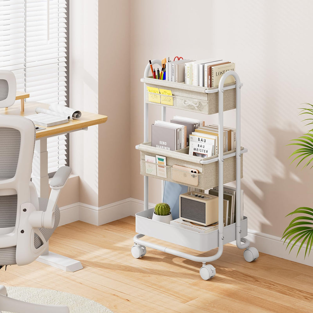 Modanais off-white nursery cart blends with decor and keeps essentials handy