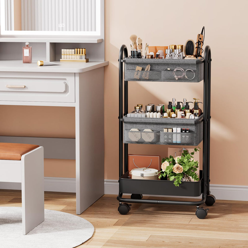 Modanais stylish nursery cart blends fabric and metal for versatile use.