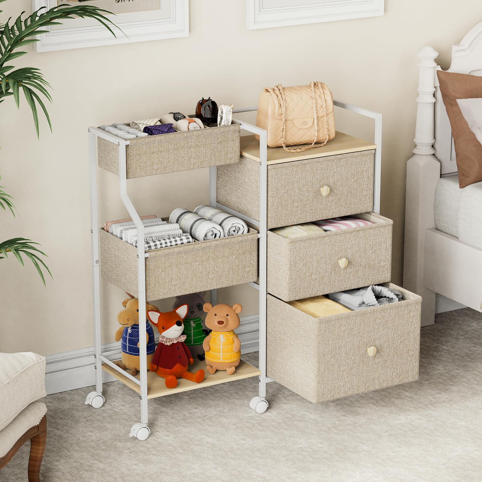 Modanais off-white nursery cart with wooden panels blending with calm décor.