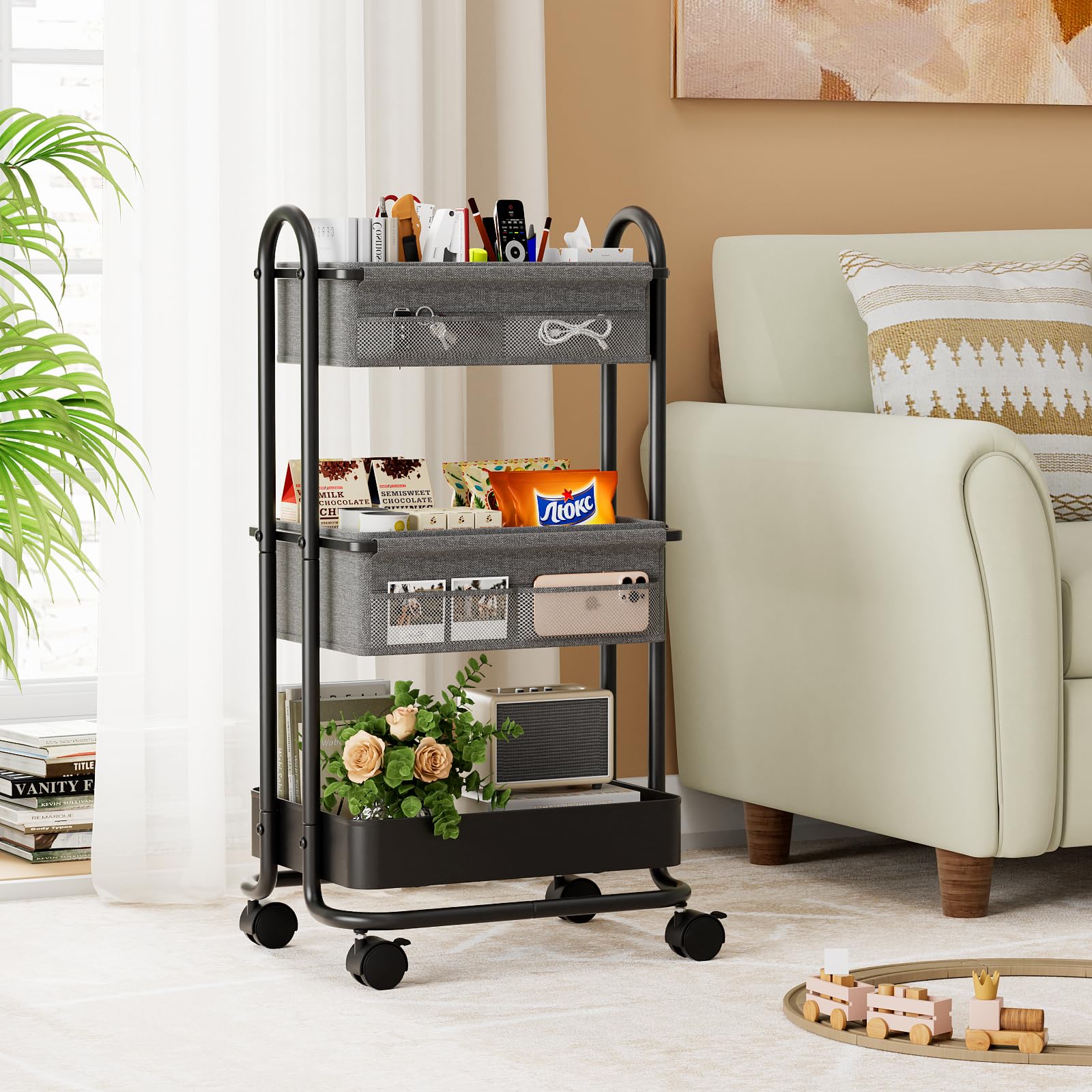 Modanais rolling cart with 360-degree wheels moves easily around the home.