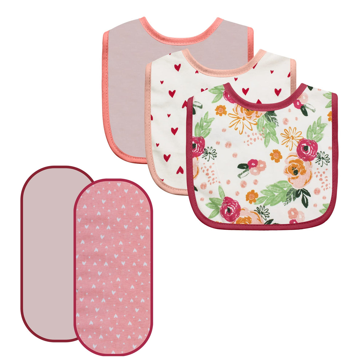 MODERN BABY rose floral bibs for gentle neck comfort and drool protection.